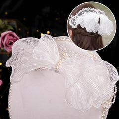 Dospita Bride Headpiece Layered Mesh Bow Decor Pearls Headband Hair Hoop Women Hairbands Bridal Wedding Hair Jewlery Accessories