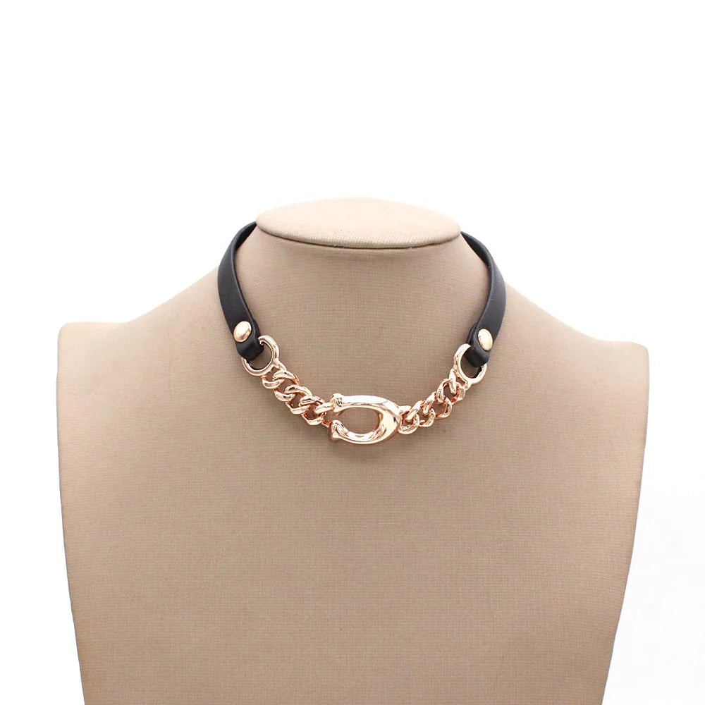 Dospita  -  Thick Chain Toggle Clasp Leather Necklaces Mixed Linked Circle Necklaces for Women Minimalist Choker Necklace Jewelry