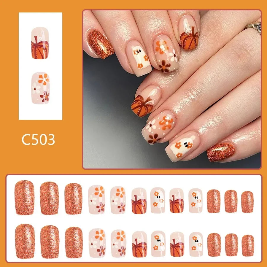 Dospita 24pcs Cute Ghost&Pumpkin Halloween Press-On Nails-Glossy Short Square Fake Nails with Festive Designs False Nail for Women/Girls