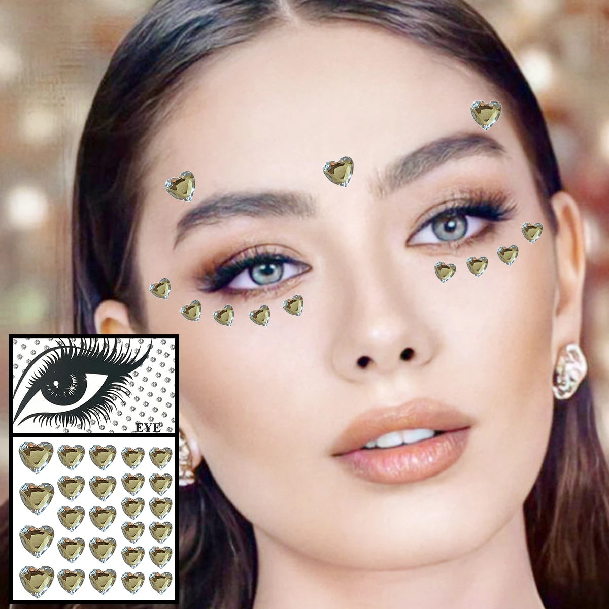 Dospita  -  Red Heart Face Jewelry Temporary Tattoos Eye Forehead Diamonds Jewels Makeup Sticker Sparkle Water Drop Gems Nail Art Festival