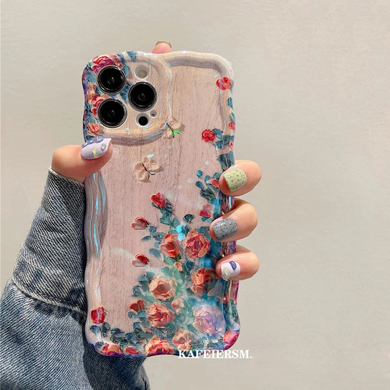 Dospita Laser Blue Light Flowers Phone Case For iPhone 14 Pro Max 11 12 13 Pro Max 14Pro 13Pro Luxury Shockproof TPU Soft Silicone Cover