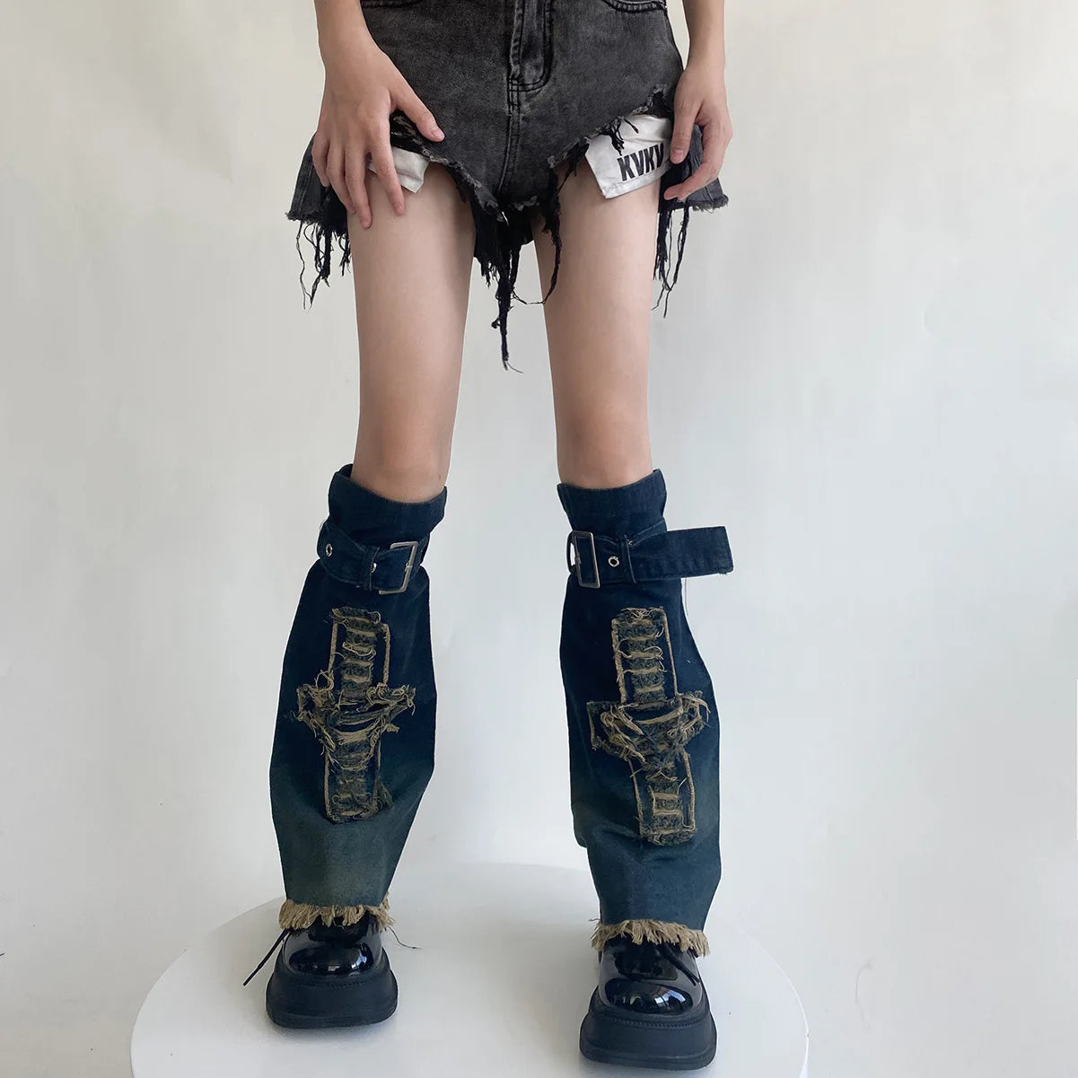 Dospita Y2K Star Strap Denim Leg Warmers Punk Cross Harajuku Leg Covers Gothic Leg Socks Y2K Personalized Calf Socks Leg Boot Cuffs Sock