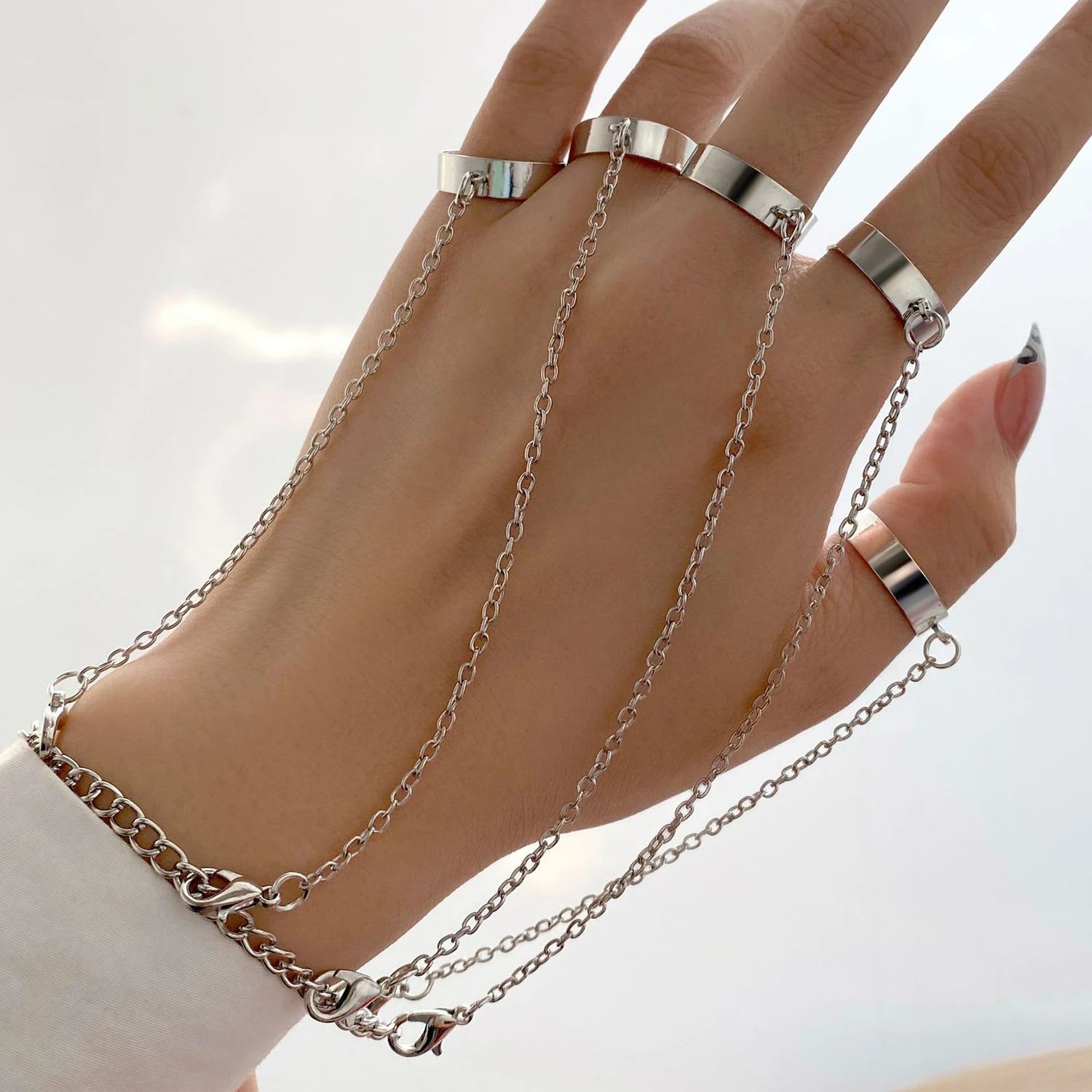 Dospita Fashion Punk Geometric Silver Color Chain Wrist Rings For Women Men Charm Hip Hop Chain Open Rings Set Couple Jewelry