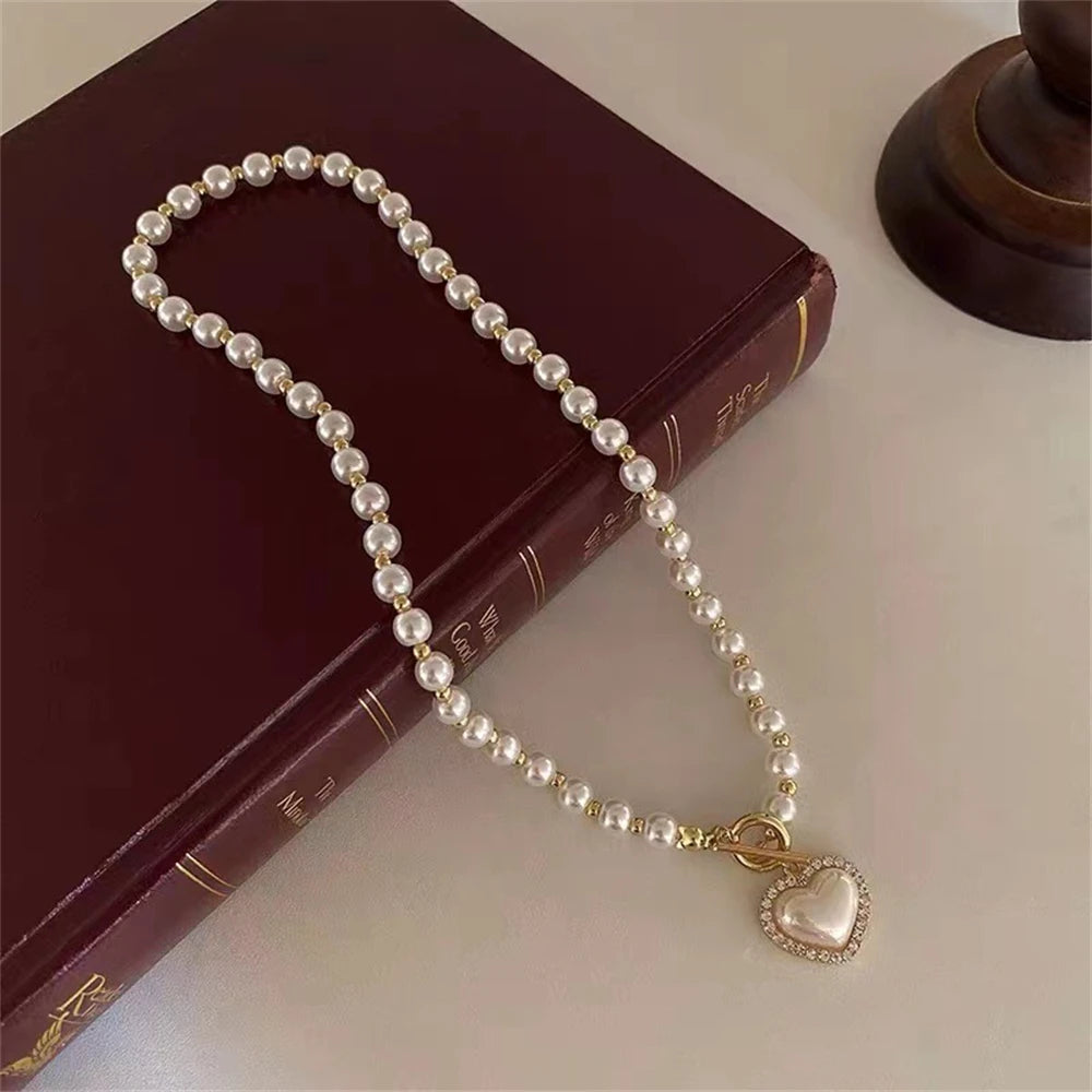 Dospita Korean Fashion Pearl Heart Pendant Necklace Ladies Gold Plated Bead Choker Necklace Female Boho Kawaii Y2K Jewelry Gift