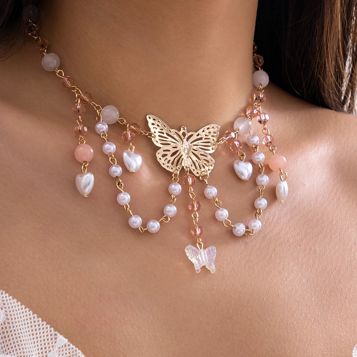 Dospita Multilayer Lovely Butterfly Love Heart Pendant Tassel Chain Necklace for Women Kpop Imitation Pearl Beads Choker Y2K Jewelry New