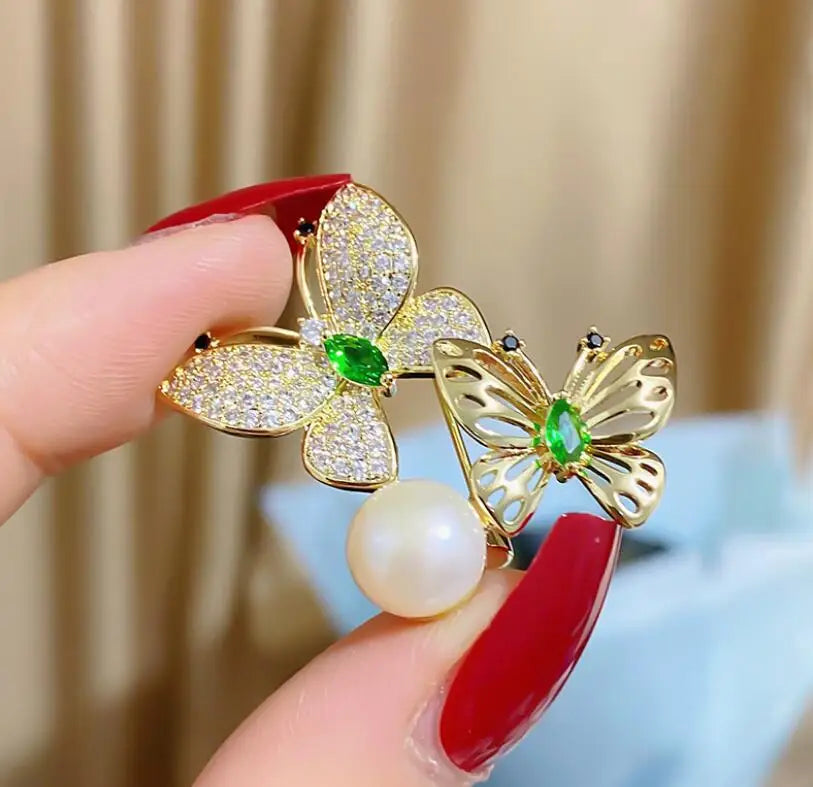 Dospita Trendy Butterfly Green Crystal Brooches Elegant Pearl Little Insect Brooch Pin For Women Girl Clothing Accessories Jewellry Gift