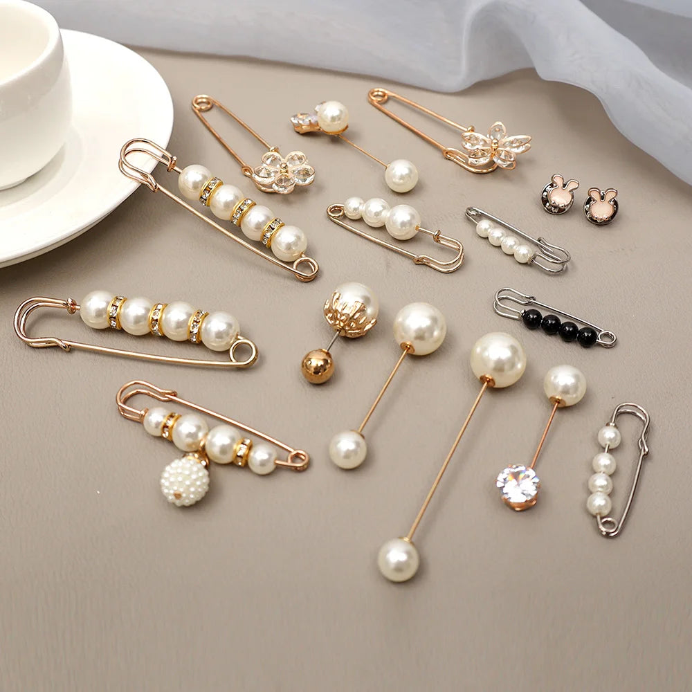 Dospita 6Pcs Pearl Brooches Set Waist Buckle Cardigan Jeans Button Brooch Pins Women Sweater Coat Anti Fall Pearl Clothes Pin Decoration