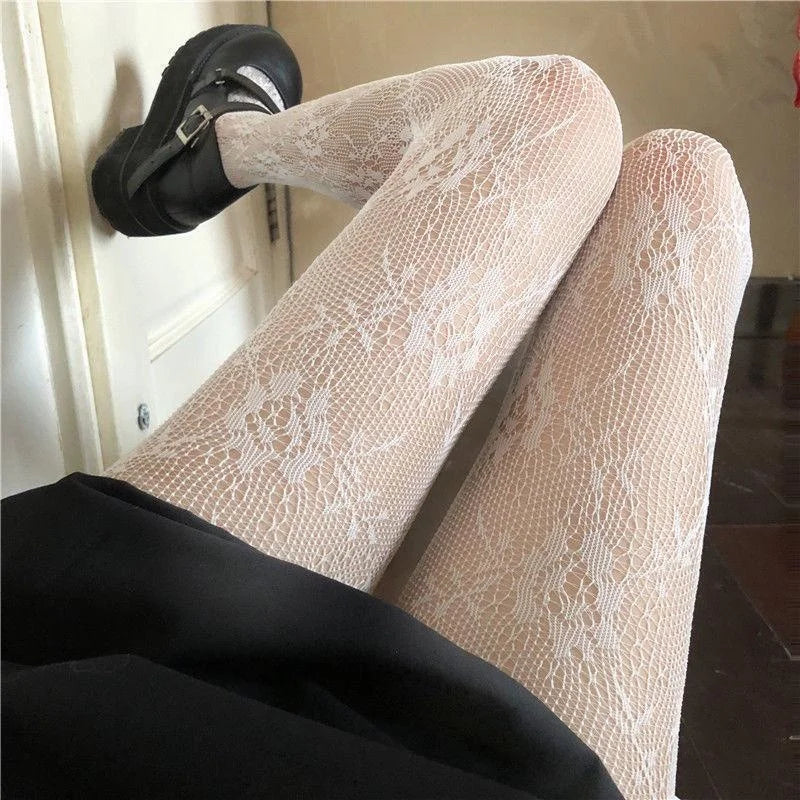 Dospita 1pair White and Black Hollowed Out Lace Mesh Pantyhose Floral Rattan Bottomed Stockings