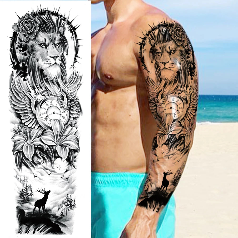 Dospita  -  Black Forest Wolf Temporary Tattoos Sleeve For Men Women Fake Soldier Compass Eye Tattoo Sticker Full Arm Washable Tatoos Sets