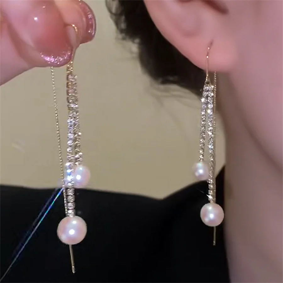 Dospita  -  Korean Long Tassel Pearl Dangle Earrings for Women Luxury Full Rhinestone Gold Color Drop Earrings Wedding Party Jewelry Gift