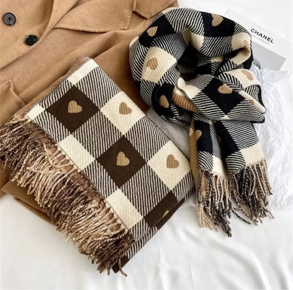 Dospita Women's Winter Scarf Love Heart Cashmere Long Tassel Shawl Thickened Warm Plaid Neckband Scarf Men Korean Fashion Accessories