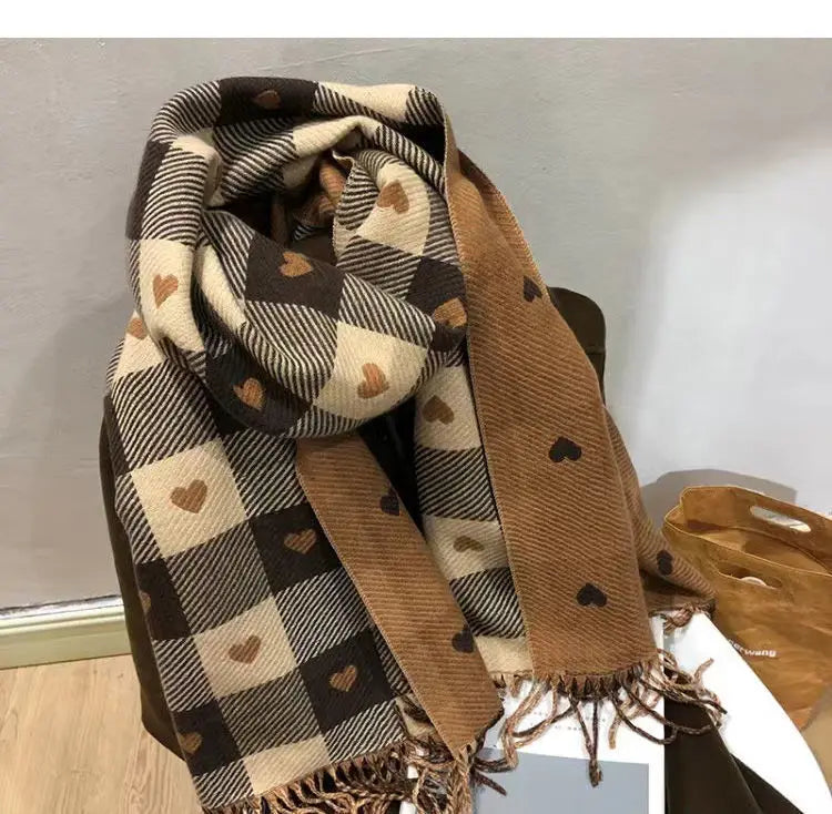 Dospita Women's Winter Scarf Love Heart Cashmere Long Tassel Shawl Thickened Warm Plaid Neckband Scarf Men Korean Fashion Accessories