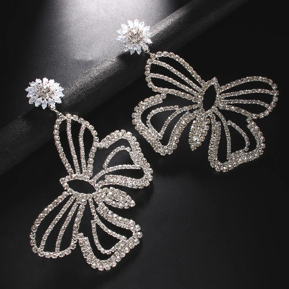 Dospita Exaggerate Rhinestone Butterfly Earrings Fashion Women Accessories Statement Hollow Large Crystal Dangle Earrings Party Jewelry