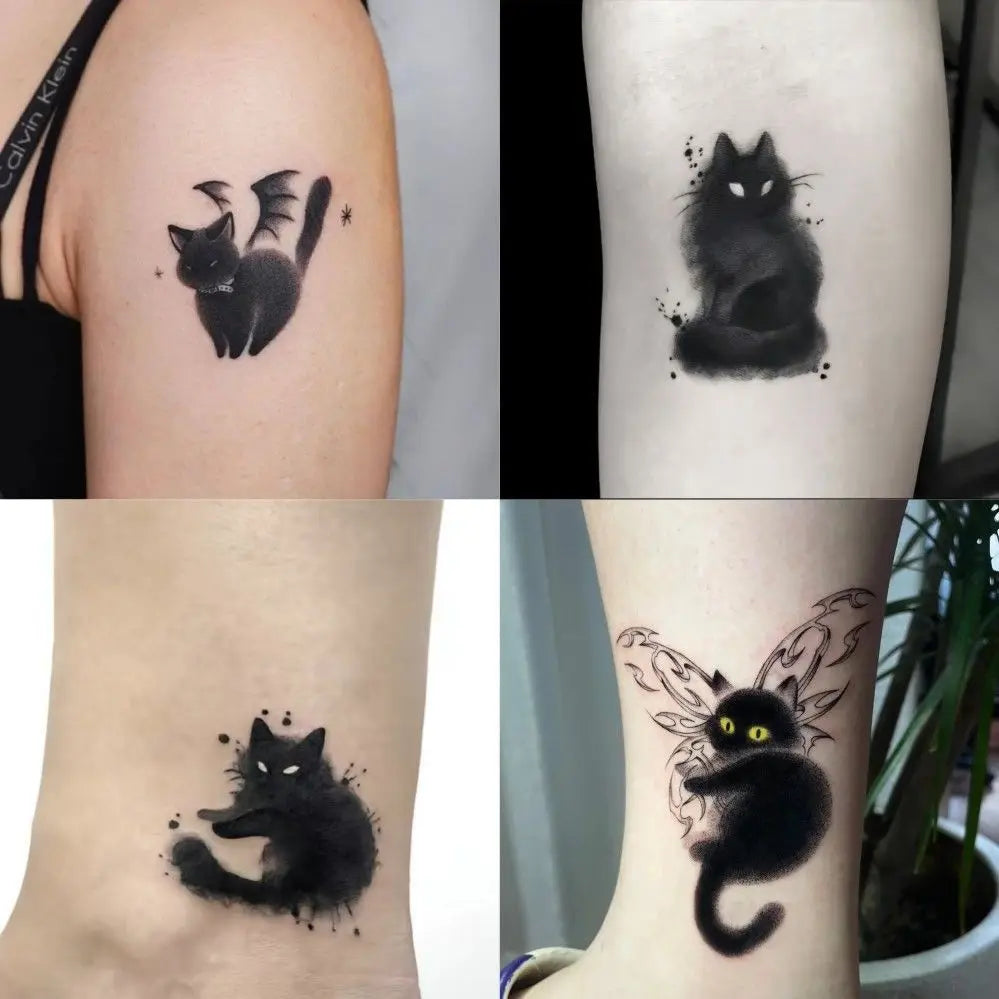 Dospita  -  Cute Black Cat Tattoo Stickers for Women Man Arm Art Temporary Tattoos Waterproof Fake Tattoo Cartoon Lasting Tattoo Stickers