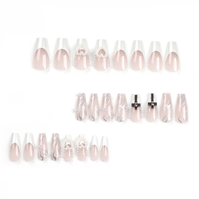 Dospita 24Pcs Pearl heart Press on Nails Cross French Long Style Fake Nail for Women&Girl Removable Wearable Nail Art