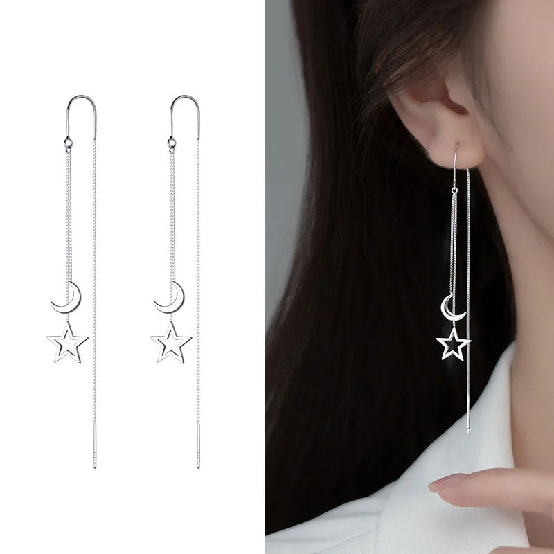 Dospita  -  Fashion Long Tassel Ear Line Earrings For Women Korean Temperament Crystal Fish Tail  Drop Earrings Girls Daily Party Jewelry