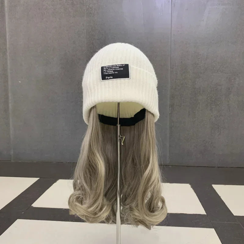 Dospita Knitted Wig Hats Women Casual Knitted Hat Invisible Detachable Wig Cold Beanies Winter Warm Bonnets Trend Long Curly Wig Hats