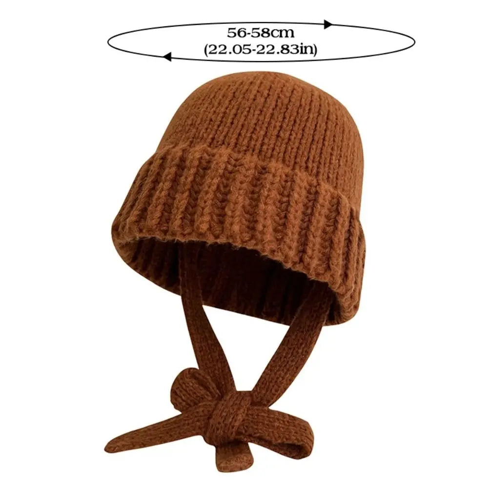 Dospita Casual Bowknot Strap Knitted Hat Wool Hat Korean Crochet Basin Cap Solid Color Warm Cap Knit Beanie Apparel Accessories