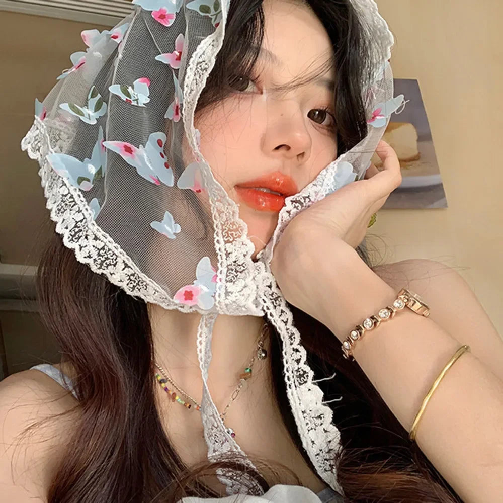 Dospita Sweet Butterfly Lace Triangle Hair Scarf for Women Korean White Bandanas Hairband Spring Summer Headwear Girls Hair Accessories