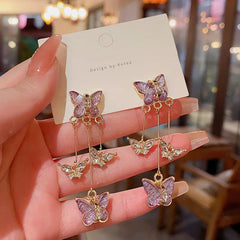 Dospita  -   Needle Purple Butterfly Long Tassel Earrings For Women Jewelry Trending Korean Fashion Luxury Crystal Earrings