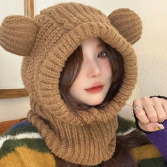 Dospita Korean Women Hooded Beanies Outdoor Winter Warm Ear Protection Headgear Wool Knitted Bib Scarf Cap Cartoon Bear Crochet Bonnet