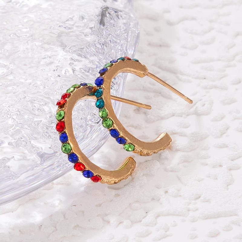 Dospita Bohemian Colorful Rhinestone Hoop Earrings for Women Simple Trendy Girls Party Jewelry Gifts сережки Accessories