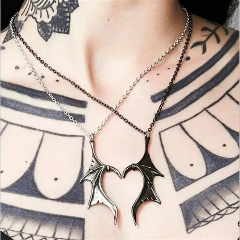 Dospita Gothic Devil Wings Pendant Necklaces for Women Men Retro Animal Bat Heart BFF Best Friend Couple Necklace Punk Hiphop Jewelry