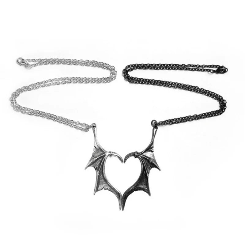 Dospita Gothic Punk Devil Wing Couple Necklace for Women Men Dragon Wing Love Heart Pendant Necklace Friendship Necklaces Family Jewelry