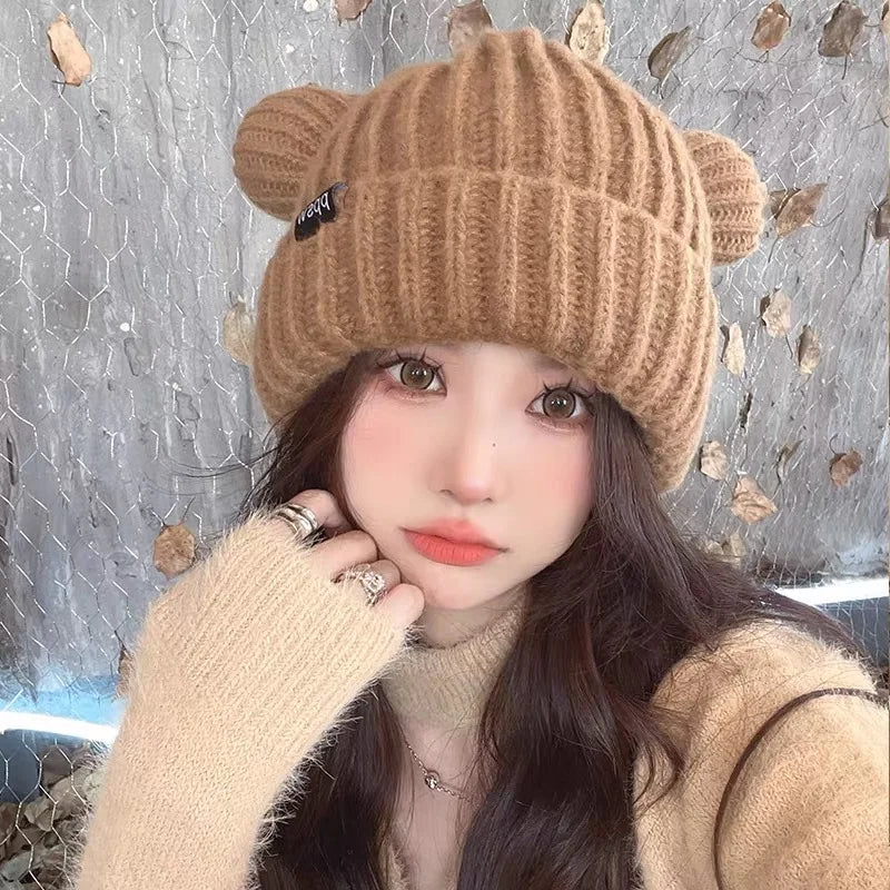 Dospita  -  Cute Bear Ear Knitted Wool Hat Women Fashion Hooded Thick Beanies Cap Winter Warm Woolen Hats Designer Kpop Personality Bonnet