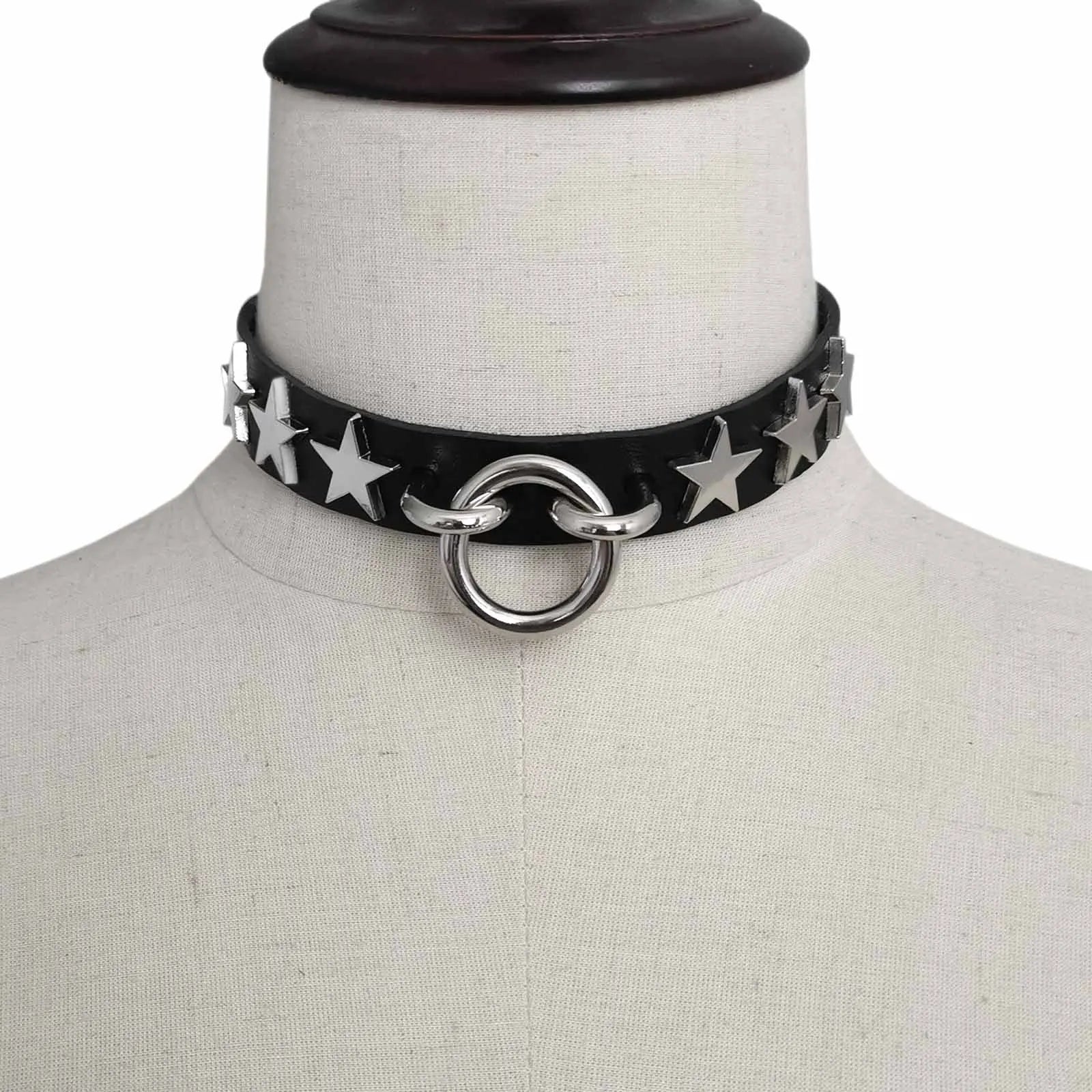 Dospita  -  Punk Stars Choker Pu Leather Collar Necklaces for Women Men Cool Big Round Metal Chocker Goth Style Necklace Accessories