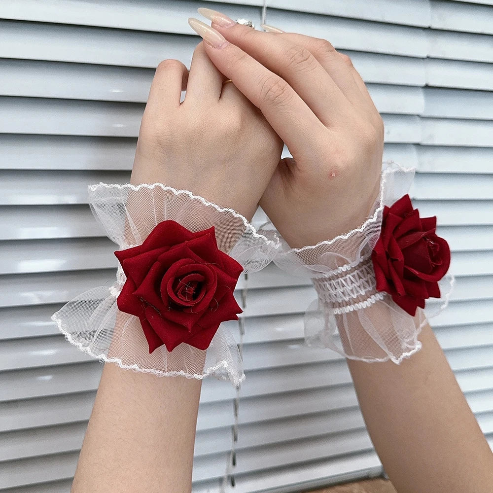 Dospita  -  2pcs Red Gothic Lace Rose Wristband Lolita Charm Bracelets Flower Mesh Hand Ornaments Ruffle Lace Wristbands Roses Accessories