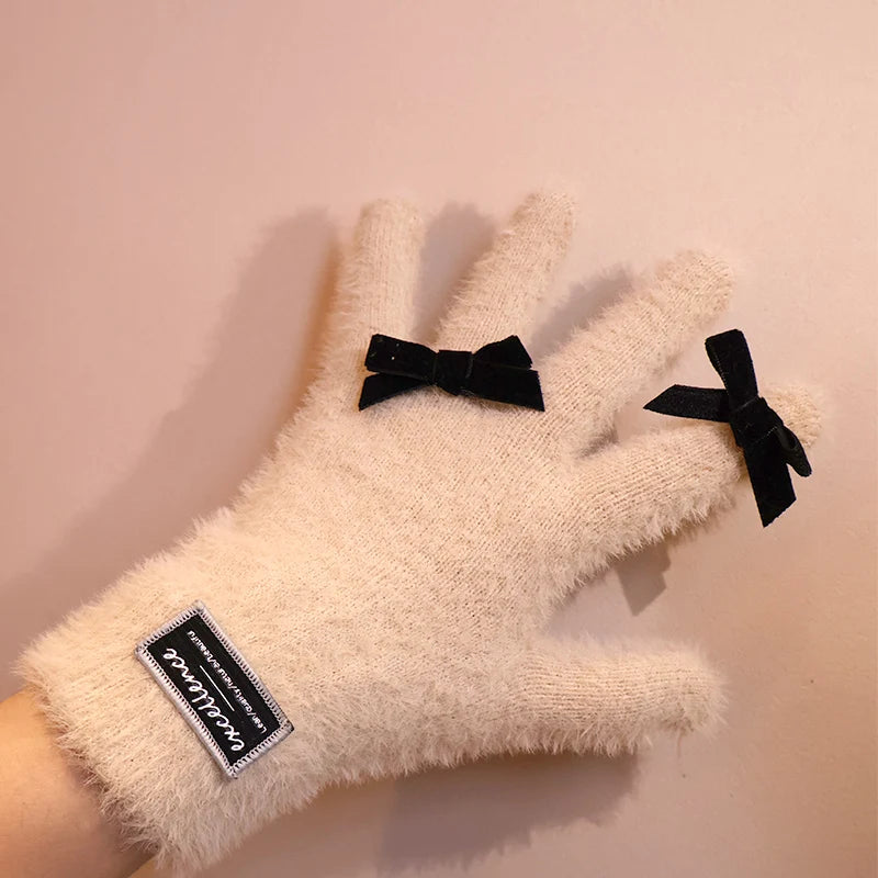 Dospita Korean Bow Tie Imitation Rabbit Hair Gloves Lolita Fur Winter Fullfinger Touch Screen Gloves Cycling Y2K Mittens JK Accessories