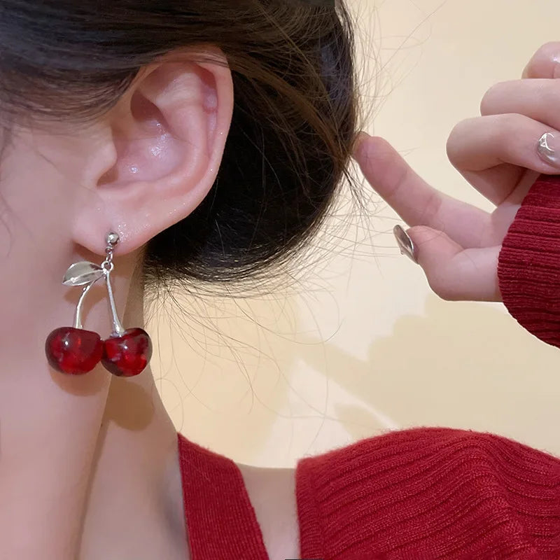 Dospita New Sweet Summer Red Transparent Cherry Fruit Fashion Long Ear Nail Earrings Fashion Black Anime Earring for Women Party Jewelry