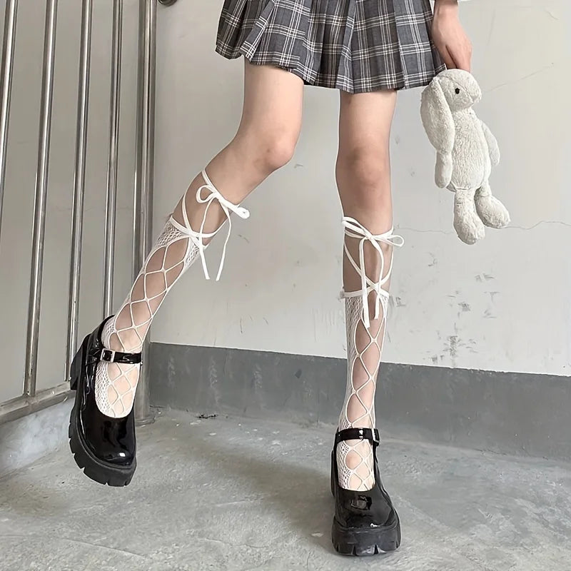 Dospita 1 pair of JK girls' strap socks Lolita calf socks Cosplay girls' calf socks Hollow strap JK stockings