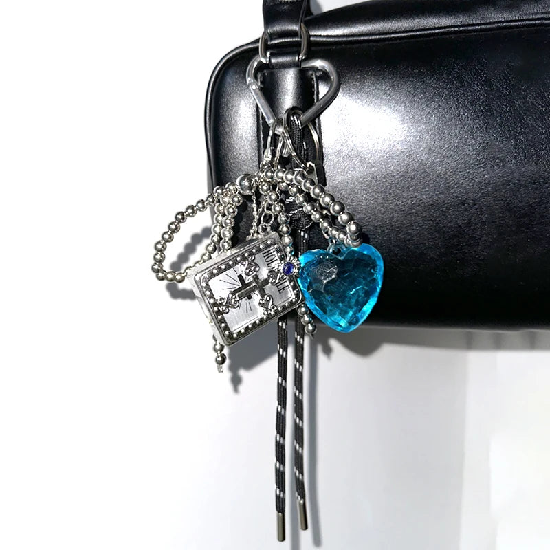 Dospita Gothic Red Crystal Heart Cross Book Keychain Black Rope Punk Charm Aesthetic Blue Heart Bow Keychain Bag Pendant Fashion Jewelry