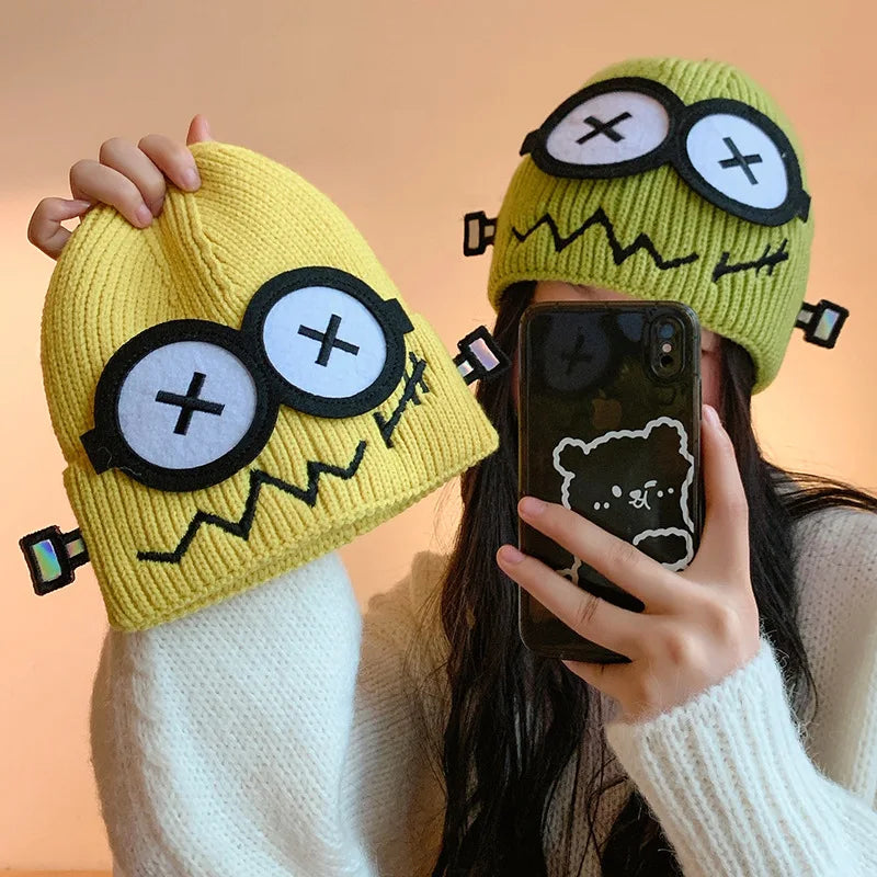 Dospita  -  Kpop Cute Cartoon Cuff Beanie Cap Women's Candy Color Big Eyes Smile Skullies Hat Fashion Streetwear Student Warm Winter Knitted