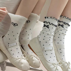 Dospita  -  1/4pairs Lolita Bow Breathable Socks Ballet Style JK Mid Tube Socks Sweet Balletcore Girls Hollow Mesh Anti Pilling Pile Socks