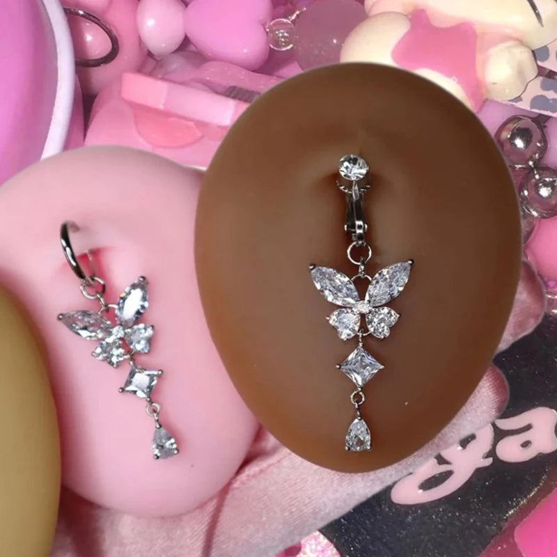 Dospita Shiny Butterfly Flower Zircon Pendant Stainless Steel Belly Button Ring Beautiful Navel Piercing Body Fashion Jewelry