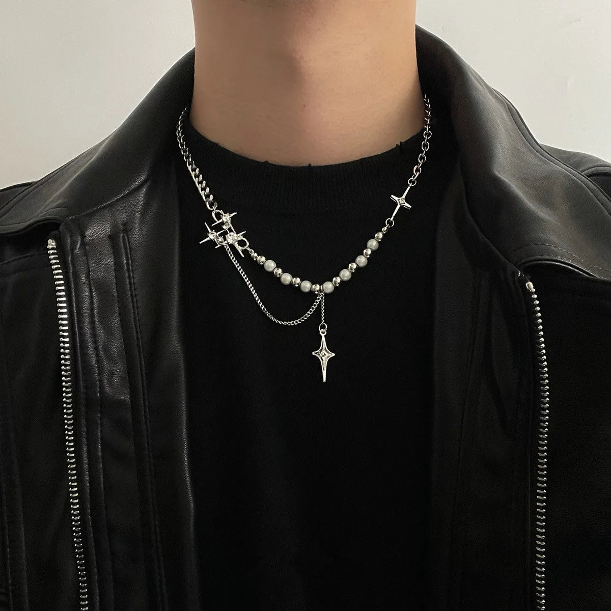 Dospita  -  Punk Cross Star Natural Stone Beaded Necklace Goth Cross Chain Necklace Kpop Pendant Necklaces for Women Party Jewelry