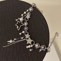 Dospita New Korean Shiny Rhinestone Star Pentagram Waist Chain for Women Bling Crystal Pearl Chain Tassel Belt Body Chian Y2K Jewelry