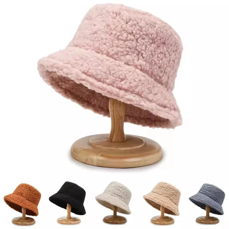 Dospita Lamb Wool Bucket Hat for Women Solid Color Harajuku Teddy Fishing Fisherman Hat Autumn Winter Bob Outdoor Warm Panama Cap