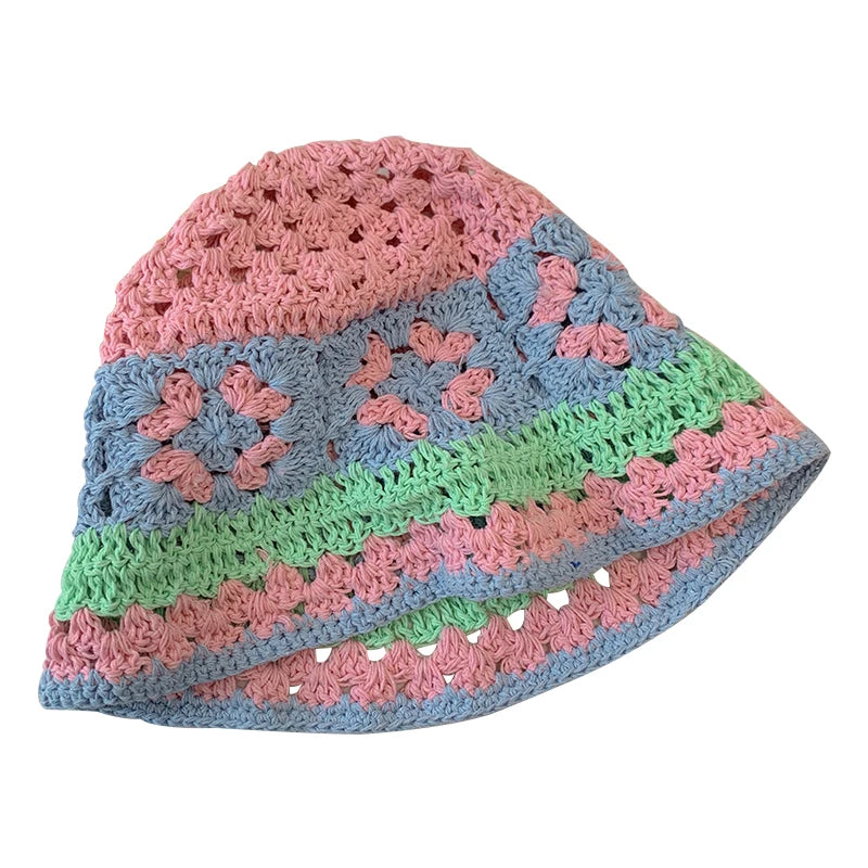 Dospita Korean Fresh Hand-knitted Bucket Hat Summer Hollow Breathable Sweet Versatile Basin Caps Japanese Niche Design Women's Hats