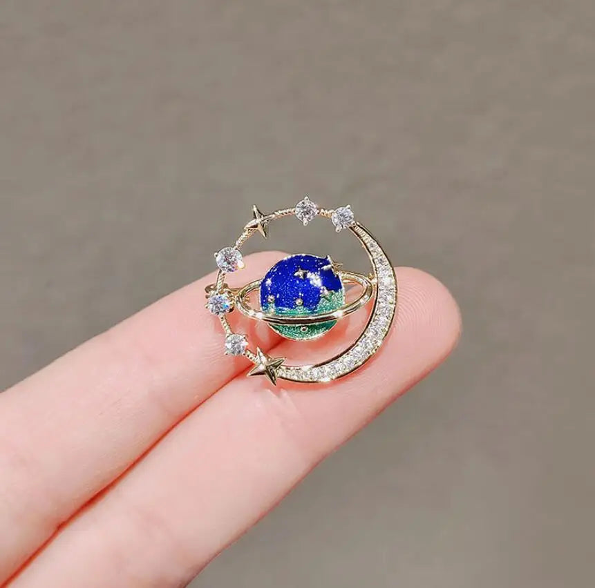 Dospita Blue Starry Sky Universe Planet Zirconia Moon Brooch Women Ins Style Costume Jewelry Elegant Safety Pin For Suit Cardigan  Suit