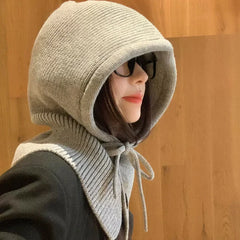 Dospita Solid Color Autumn Winter Hats For Women Men Knitted Warm Hooded Beanie One Piece Scarf Cap Outdoor Ear Protection Balaclava Hat