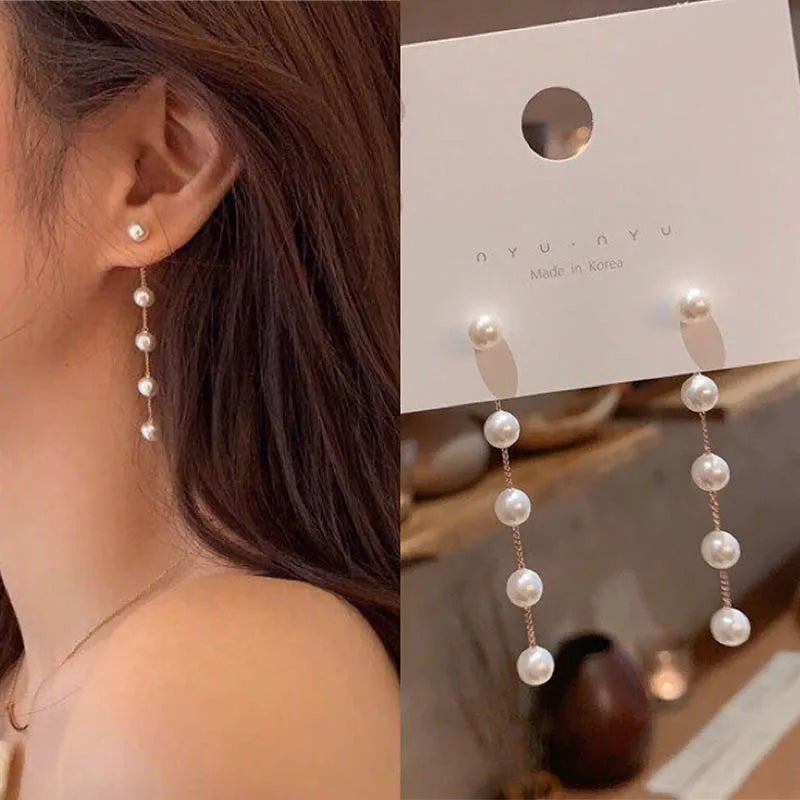 Dospita  -  Korean Long Tassel Pearl Dangle Earrings for Women Luxury Full Rhinestone Gold Color Drop Earrings Wedding Party Jewelry Gift