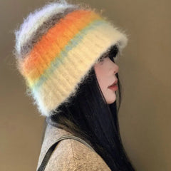 Dospita Fashion Korean Y2k Striped Hat Autumn Winter Casual Colored Woolen Hat Handmade Warm Women Beanie Hat Girls