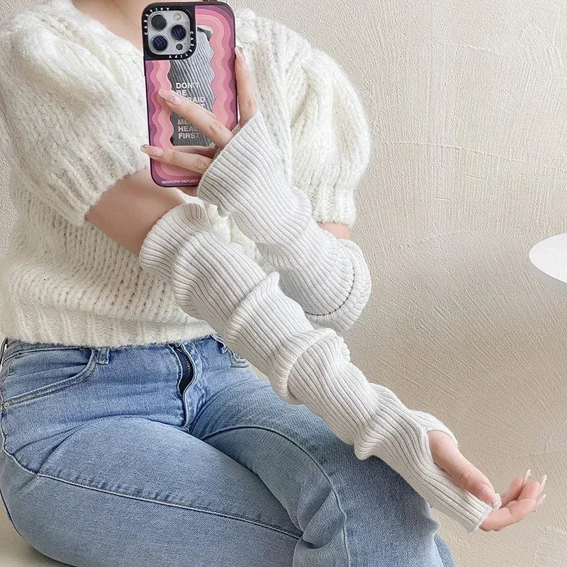 Dospita Knitted Long Fingerless Gloves Women Mitten Winter Y2K Solid Arm Warmer Arm Sleeve Fashion Casual Soft Girls Clothes Punk Gloves