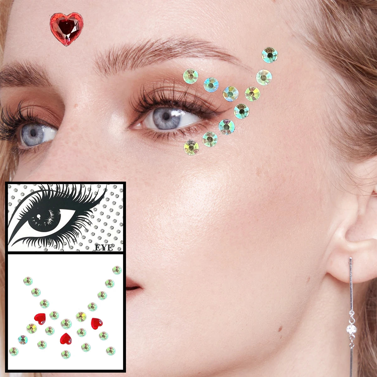 Dospita  -  Red Heart Face Jewelry Temporary Tattoos Eye Forehead Diamonds Jewels Makeup Sticker Sparkle Water Drop Gems Nail Art Festival