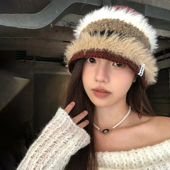 Dospita Fluffy Striped Bucket Hats For Women&Men Winter Thicken Warm Knitted Panama Bob Female Outdoor Fisherman Hats Basin Caps Gorros