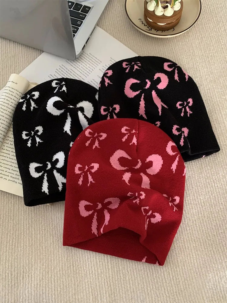 Dospita Street Graffiti Printed Baotou Cold Hat Blackpink Y2K Bow Retro Korean Knitted Hat Women Autumn and Winter Casual Versatile